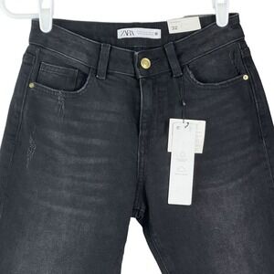 NWT ZARA Women's Distressed Black Ankle Denim Jeans Size 0 Waist 26" Low Rise